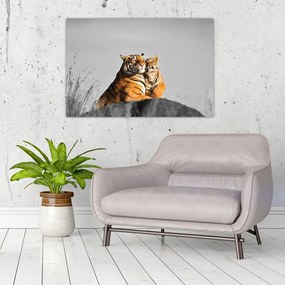 Obraz - Tigrice a jej mláďa, čiernobiely variant (90x60 cm)