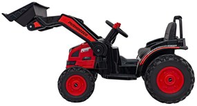 Červený detský elektrický traktorový bager 12V s diaľkovým ovládaním, pohyblivým ramenom a FM rádiom