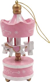 Set 6ks ružová vianočná drevená ozdoba kolotoč s koníkmi - 6*1*18 cm