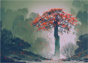 Sklenený obraz osamoteného červeného stromu (70x50 cm)