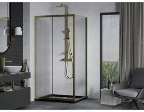 Mexen Apia, sprchový kút s posuvnými dverami 140 (dvere) x 80 (stena) cm, 6mm číre sklo, zlatý profil + čierna sprchová vanička SLIM, 840-140-080-50-00-4070G