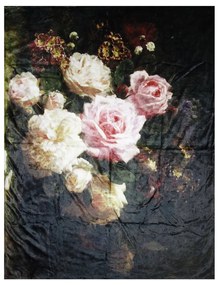 Černý plyšový pléd / přehoz s květy Vintage - 130 * 170 cm