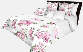 Prehoz na posteľ v krásnej bielej farbe s potlačou ružových kvetín a zelených listov