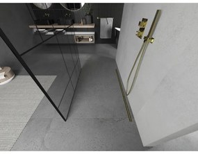 Mexen Kioto, priechodná sprchová zástena 140 x 200 cm, 8mm sklo číre/čierny vzor, 2x zlatá stabilizačná rozpera, 800-140-002-50-78