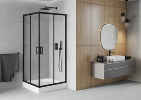 Mexen Rio, štvorcový sprchový kút 90 x 90 cm, 6mm číre sklo, čierny profil + biela sprchová vanička RIO, 860-090-090-70-00-4510