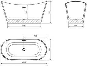 Mexen Montana, voľne stojaca vaňa 150 x 75 cm, biela, medený prepad, 52011507500-65
