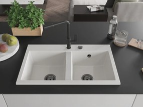 Mexen Hektor, 2-komorový granitový drez 800x480x205 mm, biela, grafitový sifón, 6521802000-20-B