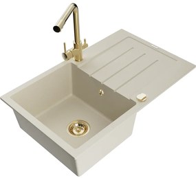 Mexen Bruno, 1-komorový granitový drez s odkvapkávačom 795x495x200 mm a zlatá batéria Duero, béžová, 6513-69-671600-50