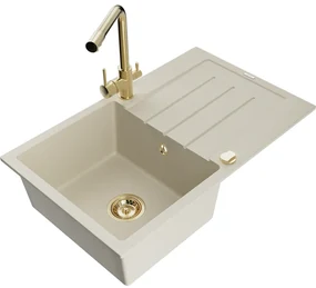 Mexen Bruno, 1-komorový granitový drez s odkvapkávačom 795x495x200 mm a zlatá batéria Duero, béžová, 6513-69-671600-50