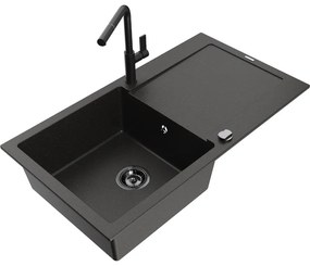 Mexen Leo, 1-komorový granitový drez 900x500x190 mm a drezová batéria Flora, čierna-zlatá metalíza, 6501-75-670401-70-B