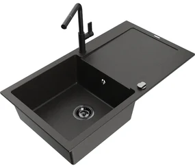 Mexen Leo, 1-komorový granitový drez 900x500x190 mm a drezová batéria Flora, čierna-zlatá metalíza, 6501-75-670401-70-B