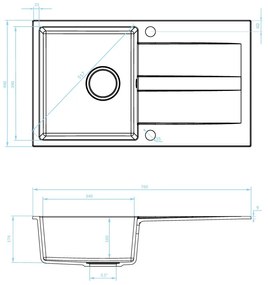 Kuchinox Laut, 1-komorový granitový drez 760x440x174 mm + sifón, čierna škvrnitá, LAV-SBZ_711Y
