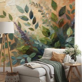 Tapeta maľované zelené listy na béžovom pozadí