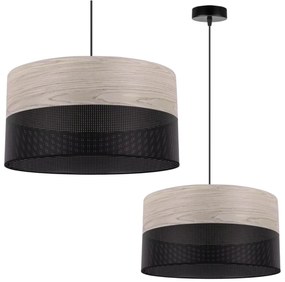 Závesné svietidlo Wood, 1x svetlobéžová dubová dýha/čierne PVC tienidlo, (fi 40cm)