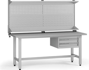 Výškovo nastaviteľný dielenský stôl G5 s nadstavbou, 1800 x 750 x 800-1000 mm, 1x kontajner, 2 zásuvky, sivá