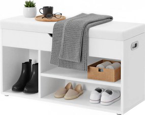 Úložná lavička s vankúšom, čalúnené sedenie na topánky, 30 x 80 x 44 cm, biela