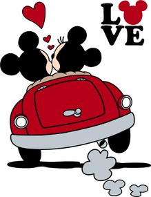 Mickey a Minnie v aute - textilná nálepka na stenu