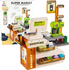 LEAN Toys Detská pokladňa s príslušenstvom obchod a kaviareň, svetlá a zvuky 70 ks