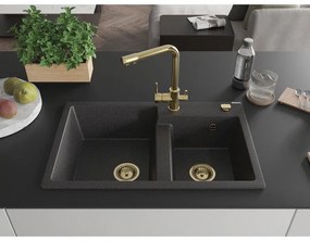 Mexen Tomas, granitový drez 800x500x190 mm, 2-komorový a zlatá batéria Duero, čierna škvrnitá, 6516-76-671600-50