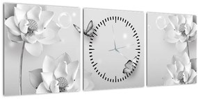 Obraz - Kvetinový dizajn s motýlikmi (s hodinami) (90x30 cm)