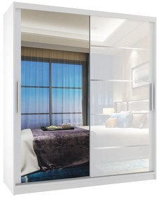 Šatníková skriňa 133 cm Belini biely mat / biely lesk s posuvnými dverami zrkadlom a zásuvkami MGB SZP6/1/W/1L5W/KLAL