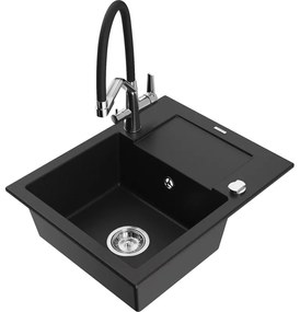 Mexen Enzo, granitový drez 576x465x174 mm, 1-komorový a drezová batéria Duo, čierna, 6506-77-671701-07