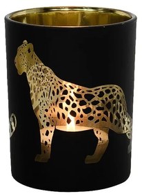 Čierno zlatý sklenený svietnik s jaguárom S - 7 * 7 * 8cm