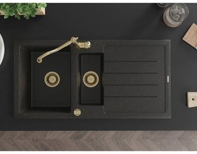 Mexen Andres, granitový drez 1000x500x200 mm, 1,5-komorový a drezová batéria Carla, čierna-zlatá metalíza, 6515-75-670700-50