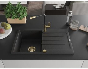Mexen Bruno, 1-komorový granitový drez 795x495x200 mm a drezová batéria Flora, čierna-strieborná metalíza, 6513-73-670401-57-G