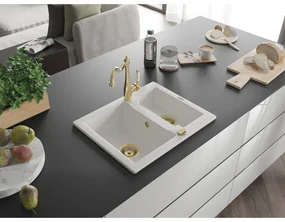 Mexen Carlos, granitový drez 582x475x177 mm, 1,5-komorový a drezová batéria Carla, biela, 6518-20-670700-50