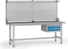 Výškovo nastaviteľný dielenský stôl G5 s nadstavbou, 2100 x 750 x 800-1000 mm, 1x kontajner, 2 zásuvky, modrá