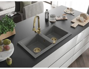 Mexen Mario, 2-komorový granitový drez 820x436x161 mm a drezová batéria Elia, šedá, 6504-71-670101-50