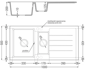 Mexen Andres, granitový drez 1000x500x200 mm, 1,5-komorový a drezová batéria Carla, biela, 6515-20-670700-20