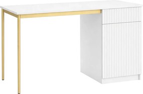 Biely písací stôl Nicole 120 cm s jednými dverami a zásuvkou - matný biely / zlaté nohy