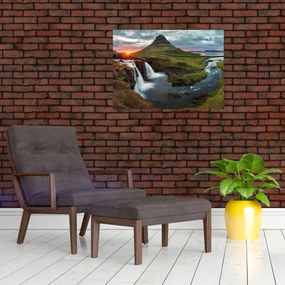 Sklenený obraz - Kirkjufell pri západe slnka (70x50 cm)