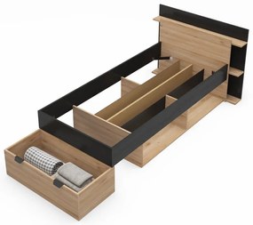 Jednolôžková posteľ v dekore duba s úložným priestorom bez roštu v čierno-prírodnej farbe 90x200 cm Albo – Marckeric