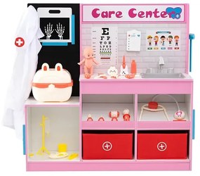 Drevená hracia súprava pre lekárske služby s vyšetrovacou plochou, EKG monitorom a röntgenovým filmom, ružová