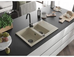 Mexen Gaspar, granitový drez 737x475x177 mm, 1,5-komorový a čierna batéria Telma, béžová, 6507-69-670200-70