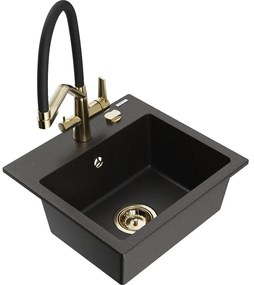 Mexen Milo, granitový drez 435x410x171 mm, 1-komorový a drezová batéria Duo, čierna-zlatá metalíza, 6505-75-671701-57-G