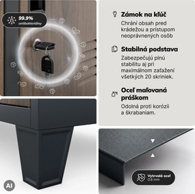 Šatňová skrinka s 20 priehradkami na nožičkách, antracitová/orechová, 1360x1720x450 mm: ROBERT Eco Design