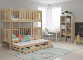 Detská poschodová posteľ z masívu borovice EMIL s prístelkou a šuplíky - 200x90 cm - prírodná