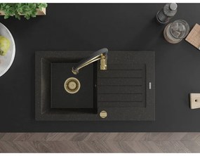Mexen Pablo, 1-komorový granitový drez 752x436x161 mm a drezová batéria Aster, čierna-zlatá metalíza, 6510-75-73450-57-G