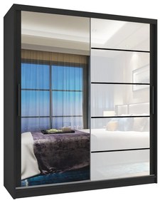 Šatníková skriňa 133 cm Belini čierny mat / biely lesk s posuvnými dverami zrkadlom a zásuvkami  MGB SZP6/1/B/1L5W/KLP