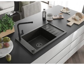 Mexen Elias, 1-komorový granitový drez 795x480x200 mm a drezová batéria Flora, čierna-zlatá metalíza, 6511-75-670401-70-B