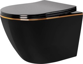 Rea Carlo Mini, rimless závesná misa 49x37 cm so sedátkom s pomalým zatváraním, čierna-zlatý okraj, REA-C8800