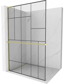 Mexen Kioto+ L, sprchová zástena Walk-In s poličkou a vešiakom 120 x 200 cm, 8mm číre sklo čierny vzor, zlatý matný profil, 800-120-123-55-78