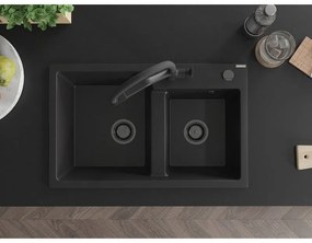 Mexen Tomas, 2-komorový granitový drez 800x500x190 mm  a kuchynská batéria Duo, čierna, 6516-77-671701-70-B