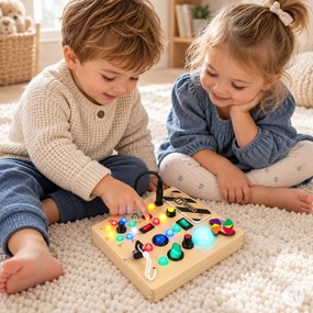 Drevená interaktívna manipulačná tabuľa ECOTOYS s LED svetlami od 3 rokov