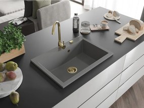 Mexen Elix, 1-korový granitový drez 700 x 500 mm, šedá, zlatý sifón, 6526701005-71-G