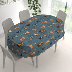 Biante Detský bavlnený oválny obrus Sandra SA-705 Mačacia partia na tmavo sivomodrom 120x160 cm